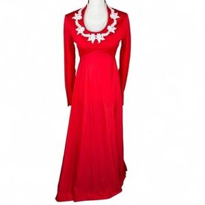 Vintage 1970s Red Prairie Maxi Dress w/ White Lace Collar